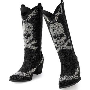 Women Blake Rhinestone Cowboy Boots Pointed Toe Mid Calf Sparkly Block Heel